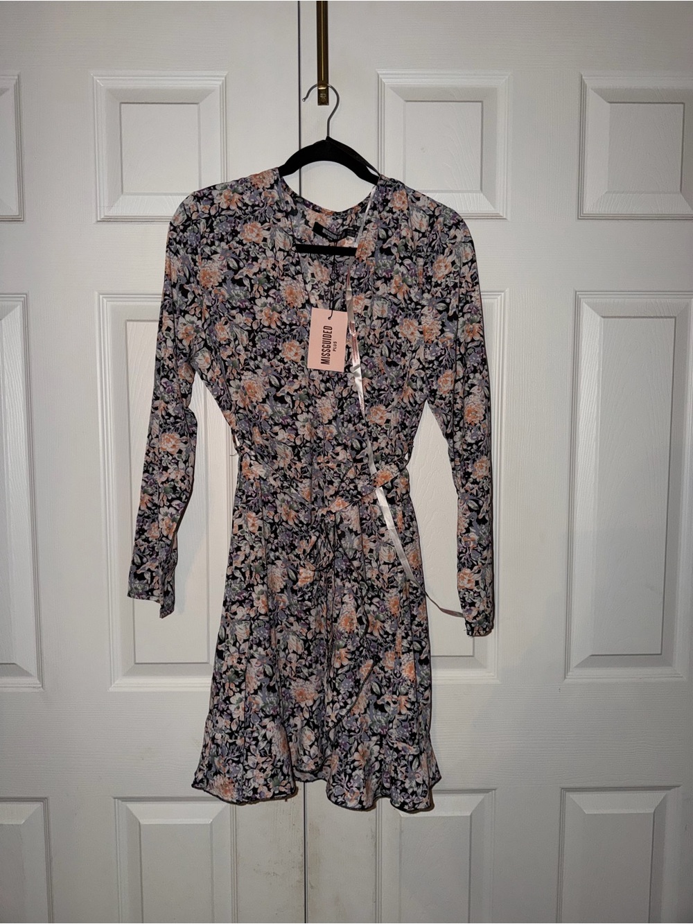 Missguided Floral Long Sleeve Wrap Dress in Black and Blush
